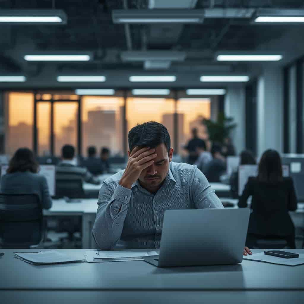 Trabajadores chilenos en oficina moderna enfrentando estrés laboral y salud mental