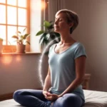 Mujer en postura reflexiva con fondo suave, simbolizando el trauma corporal y la conexión entre mente y cuerpo