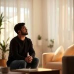Adulto entre 30 y 35 años en una sesión de terapia, sentado en una sala acogedora y luminosa con luz cálida, expresando sus emociones mientras conversa con un terapeuta. La ilustración transmite confianza, empatía y esperanza en el proceso de pedir ayuda emocional.