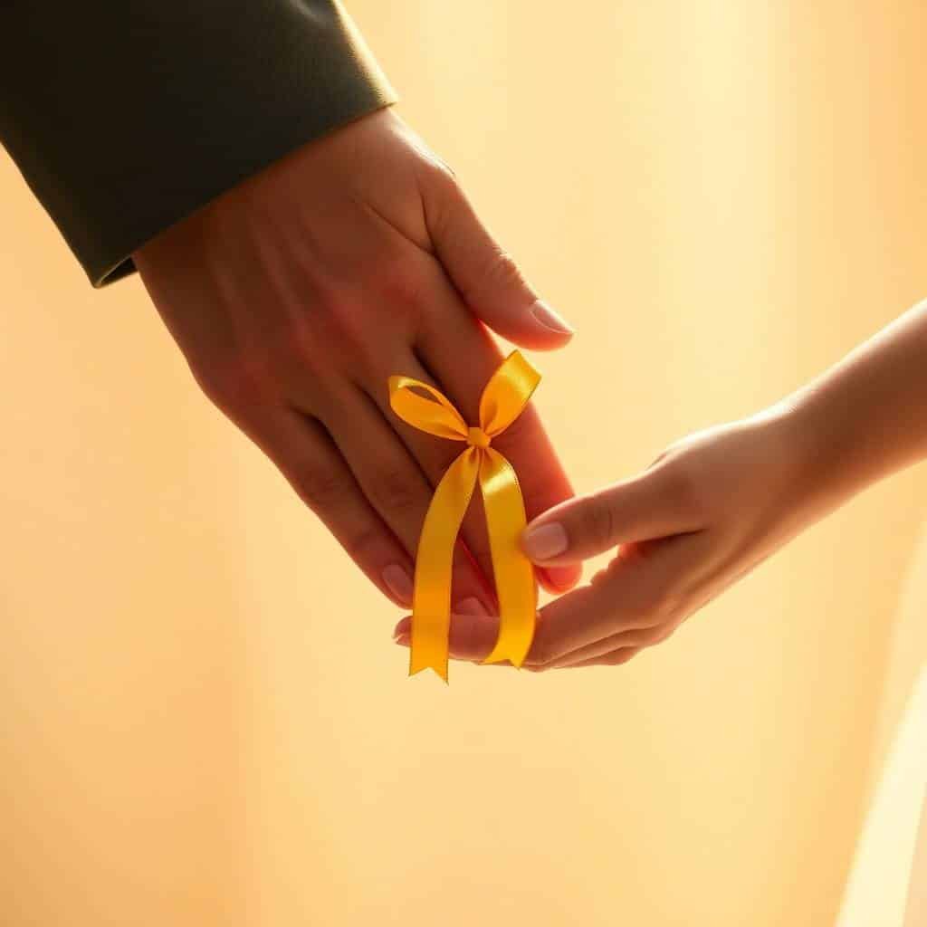 Manos entrelazadas en gesto de apoyo con un lazo amarillo simbolizando la prevención del suicidio