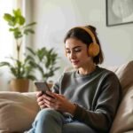 Persona con audífonos en sesión con psicólogo online desde su celular en Chile