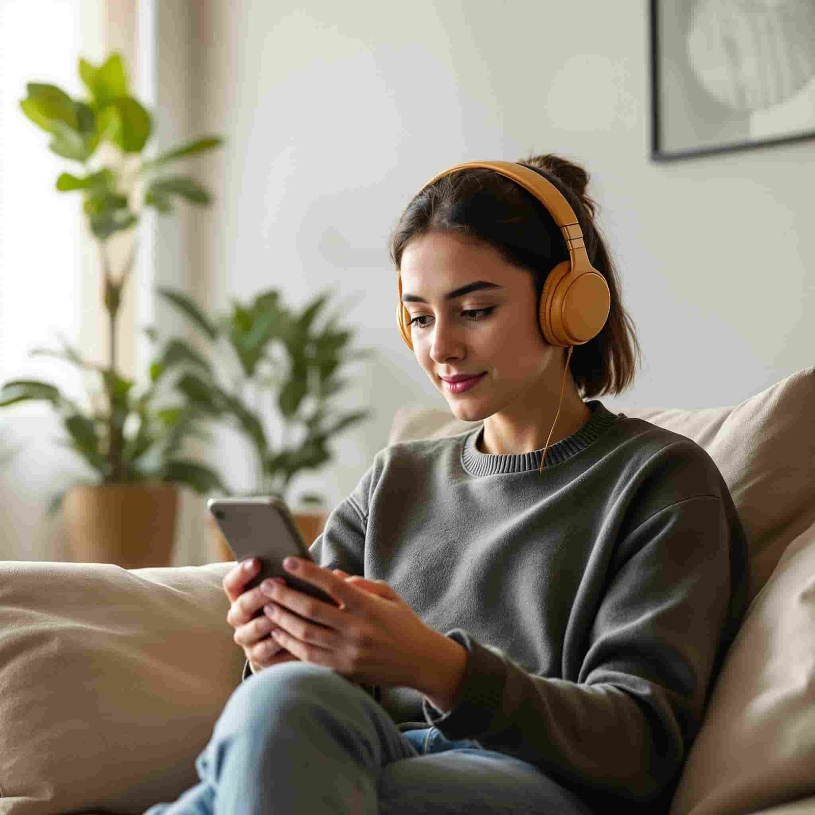 Persona con audífonos en sesión con psicólogo online desde su celular en Chile