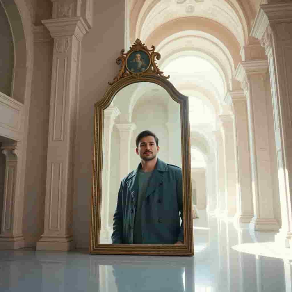 Persona mirando su reflejo con serenidad, simbolizando la superación del síndrome del impostor y el fortalecimiento de la autoestima.