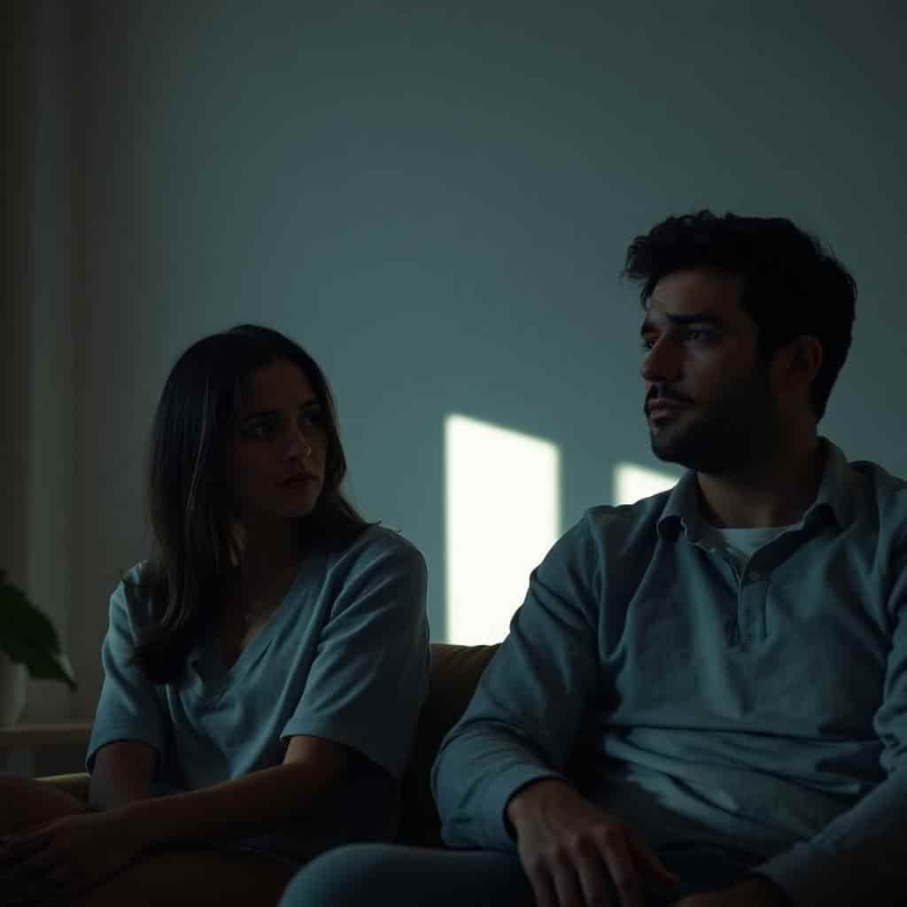 Imagen de una pareja en silencio emocional tras una infidelidad, reflejando dolor, distancia y proceso de reflexión. Representa el impacto psicológico de la traición y el proceso de superar una infidelidad.