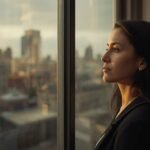 Mujer adulta mirando por la ventana con expresión melancólica, representando la herida de abandono y el proceso de sanación emocional