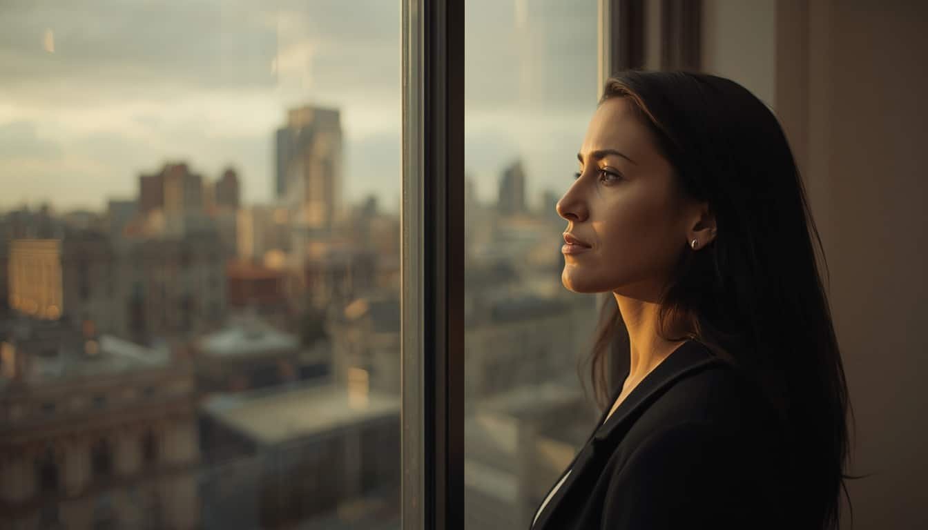 Mujer adulta mirando por la ventana con expresión melancólica, representando la herida de abandono y el proceso de sanación emocional