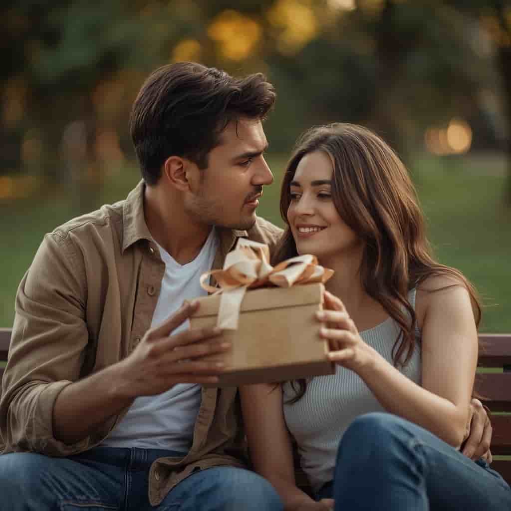 areja joven en una cita, él le da flores mientras ella sonríe con expresión confundida, representando el love bombing