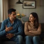 Mujer con expresión pensativa y triste junto a su pareja que habla sin mirarla, representando una relación con un narcisista