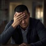 Hombre joven sentado solo con expresión reflexiva y cansada, representando señales de salud mental del hombre
