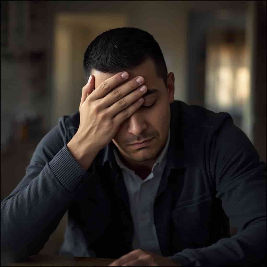 Hombre joven sentado solo con expresión reflexiva y cansada, representando señales de salud mental del hombre
