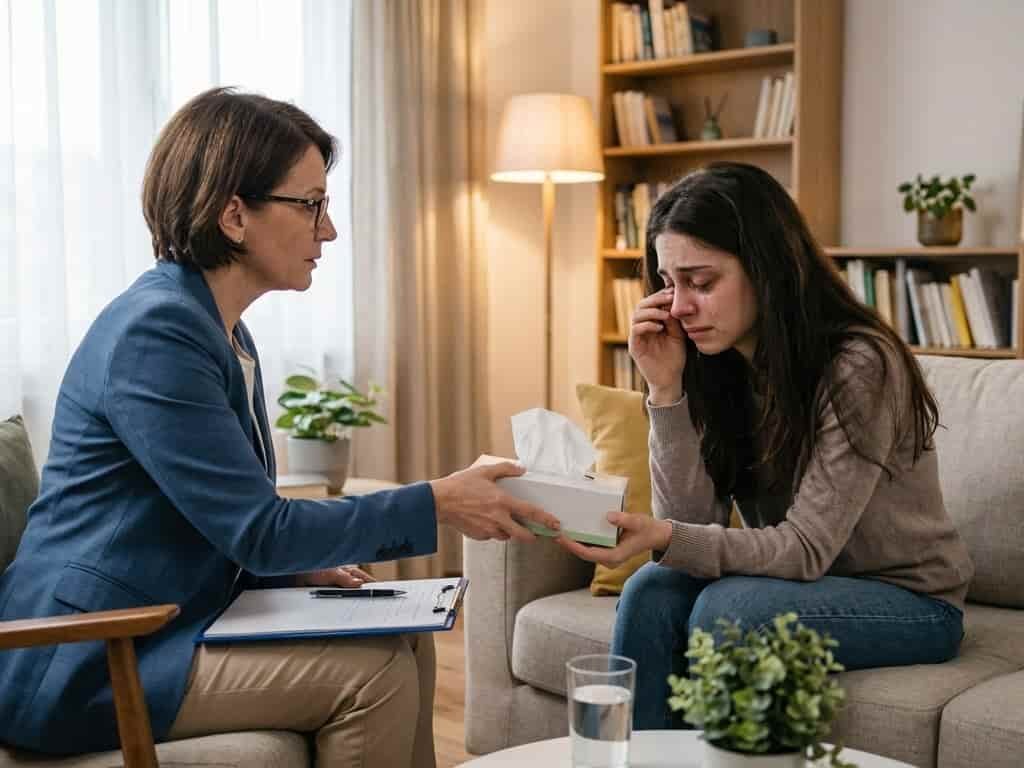 Psicóloga ofreciendo pañuelos a una mujer que llora durante una sesión de terapia por agotamiento emocional