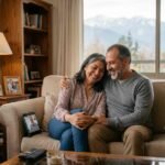 Pareja adulta abrazada y sonriendo en el sofá de su casa, con una tablet en videollamada a un lado
