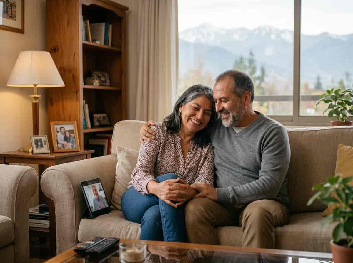 Pareja adulta abrazada y sonriendo en el sofá de su casa, con una tablet en videollamada a un lado