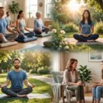 Personas practicando mindfulness: meditación en grupo, en un jardín, en un parque y una conversación con una psicóloga