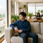 Adolescente sentado en un sofá mira por la ventana con el celular dejado a su lado mientras su madre lee al fondo en un living luminoso