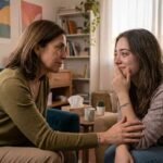 Psicóloga escucha con atención a una joven emocionada durante una sesión de terapia en una consulta acogedora