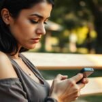 Mujer joven sentada sola en una banca de parque mira su celular con expresión pensativa bajo la luz cálida de la tarde